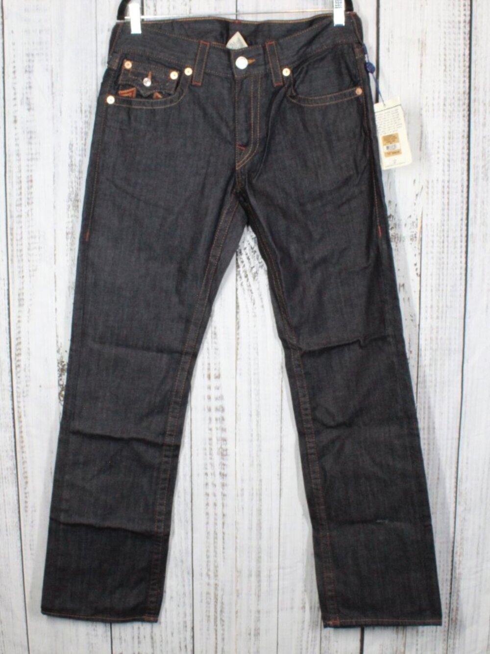 NWT True Religion Straight Flap Jeans Sunset Logo Orange Red Stitch Mens Size 33